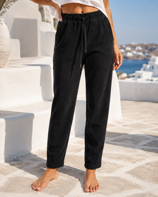 Damen Cordhose Schwarz – Stretch Hose mit Gummibund & Kordelzug | Bequeme Boutique Hose 38–42