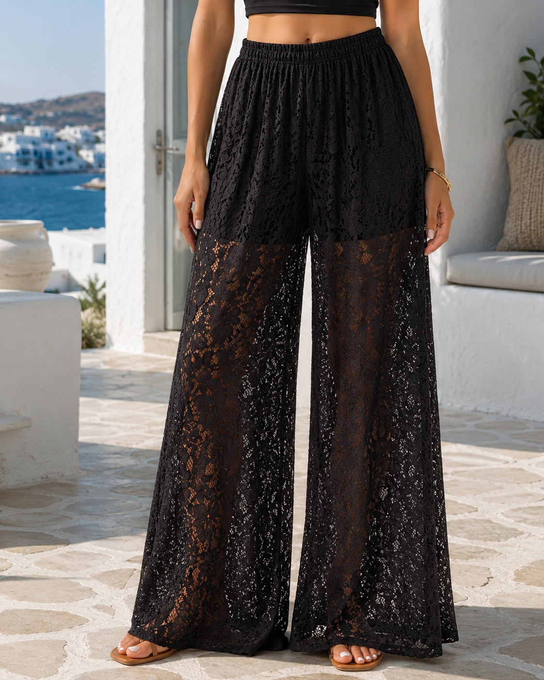 Damen Spitzenhose Schwarz – Weite Viskosehose mit Futter & Gummibund | Größe 38–42