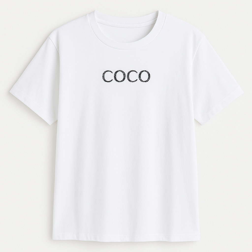 Weißes T-Shirt 'Coco' mit schwarzen Glitzersteinen