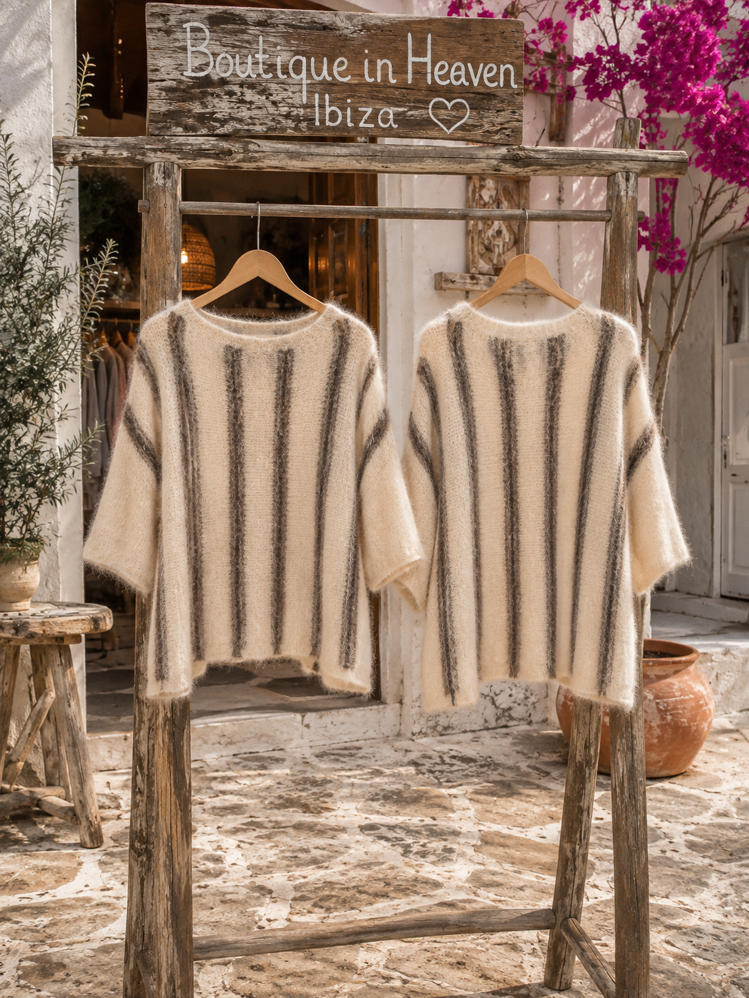 Damen Strickpullover Kurzarm Oversize Beige Taupe gestreift Gr. 40–44