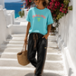 Damen Malibu Sweatshirt Türkis – Kurzarm Baumwollshirt mit Neon Print | Sommer Shirt 38–42 🌴💙☀️