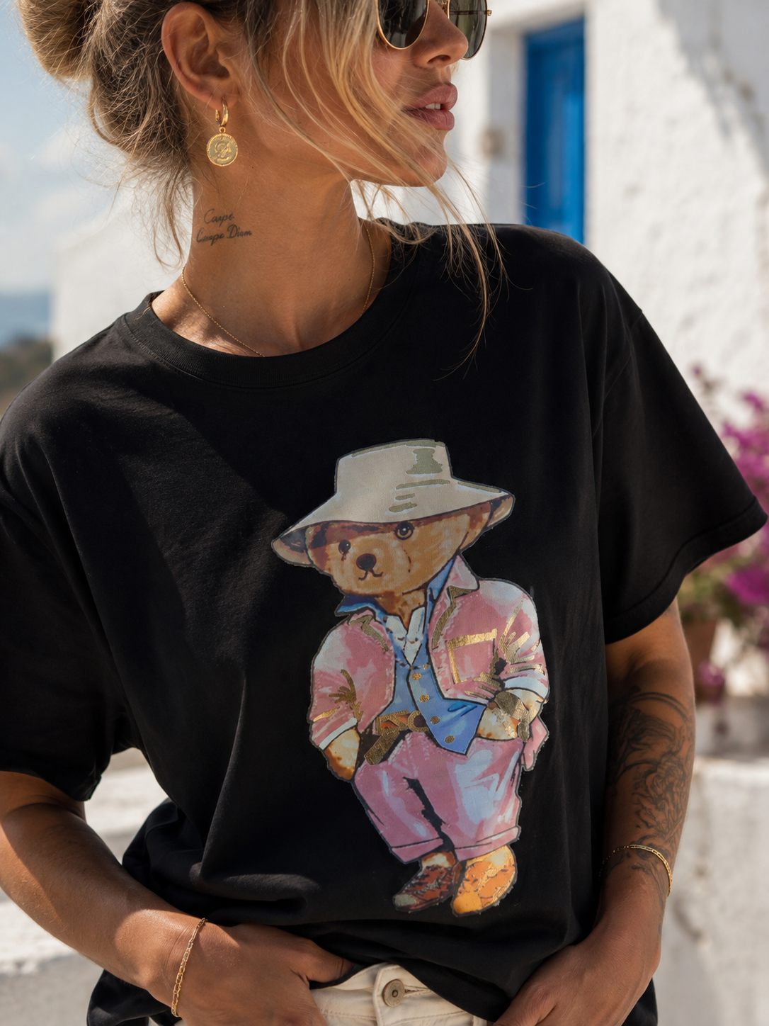 Damen T-Shirt Schwarz mit Teddy-Print | Baumwolle mit Elasthan | Gr. 38–42