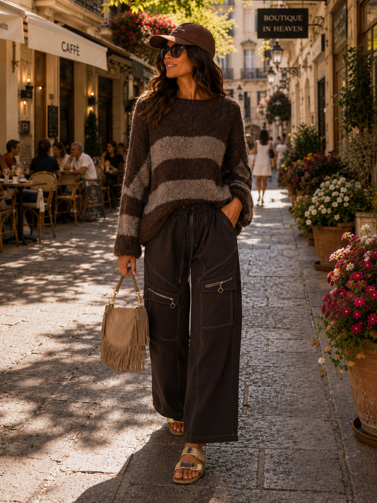 Women's Knitted Jumper Brown Striped Long Sleeve (UK 10-14)