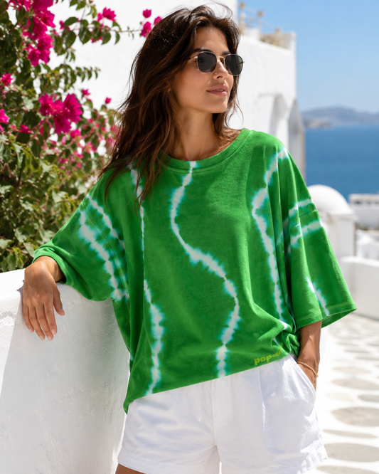 Yippie Hippie Damen Oversize T-Shirt Grün – Lässige Kastenform mit Allover-Print