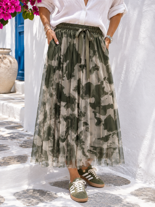 Eleganter Camouflage Tüllrock Grün – Midi Rock mit elastischem Bund & Schleifendetail (38–42)