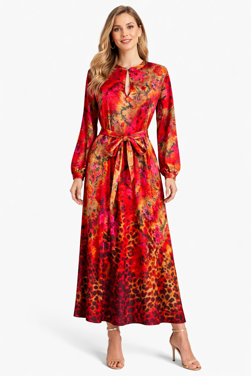 Yippie Hippie Maxikleid Damen Rot – Elegantes Viskose Kleid mit Gürtel