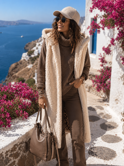Lange Teddyfellweste Damen Creme – Kapuze, Leo-Innenfutter, Oversize Teddyweste mit Taschen | 38–42+