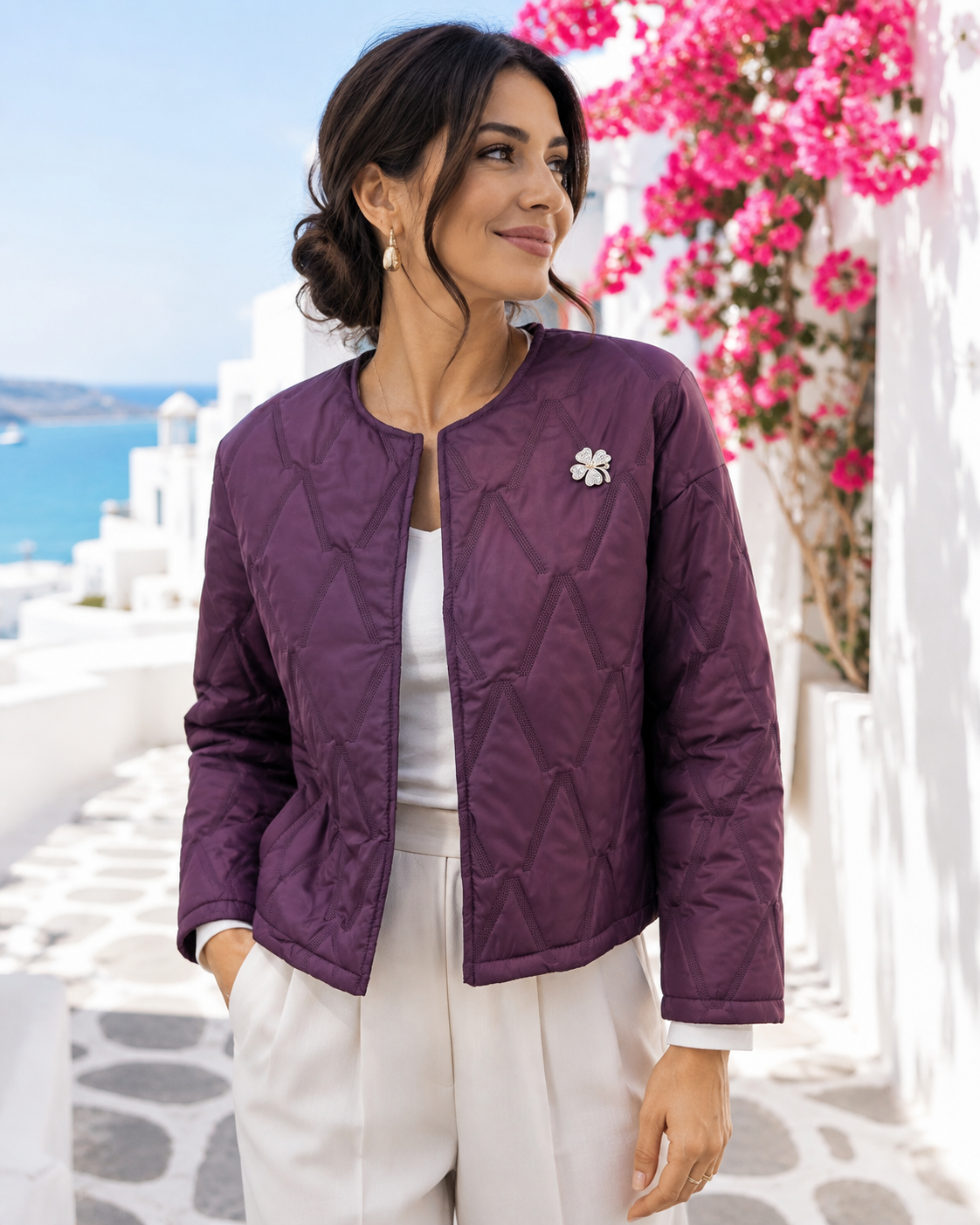 Leichte Damen Steppjacke mit Brosche | Dünne Übergangsjacke 36–42