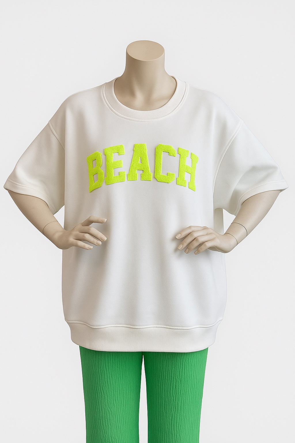 Curvy Oversize "BEACH" Neon Gelb Sweatshirt Kurzarm