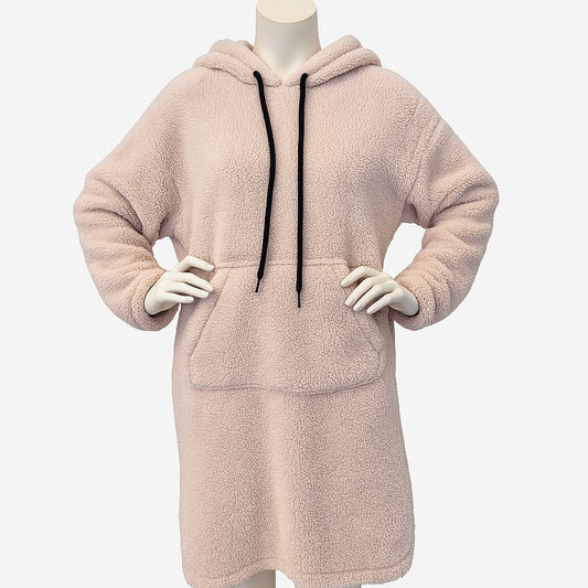 Teddyfell-Pullover mit Kapuze und Bauchtasche in Beige
