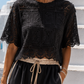 Elegant Black Lace Blouse Women with Stand-up Collar – Lined Front – Transparent Lace Back | S/M