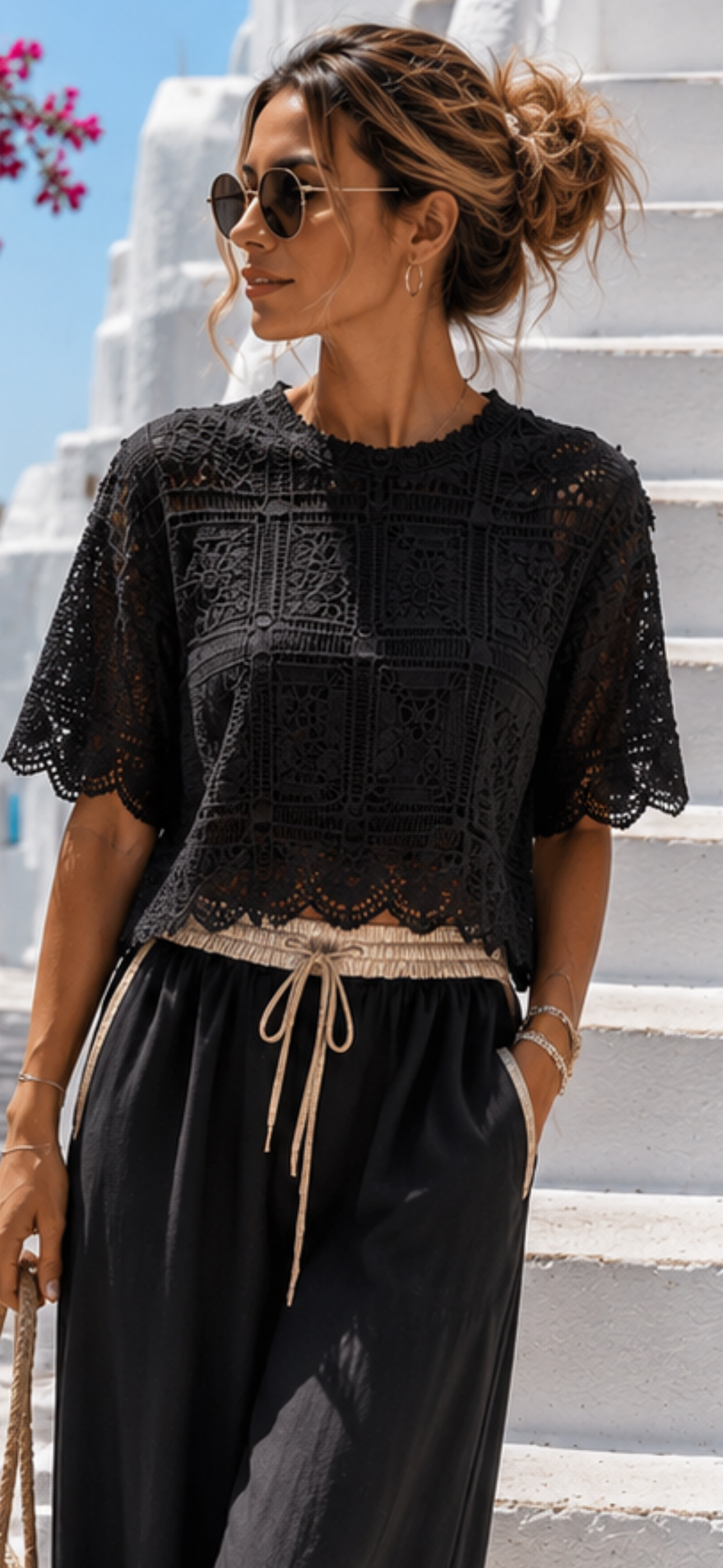 Elegant Black Lace Blouse Women with Stand-up Collar – Lined Front – Transparent Lace Back | S/M