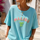 Damen Malibu Sweatshirt Türkis – Kurzarm Baumwollshirt mit Neon Print | Sommer Shirt 38–42 🌴💙☀️