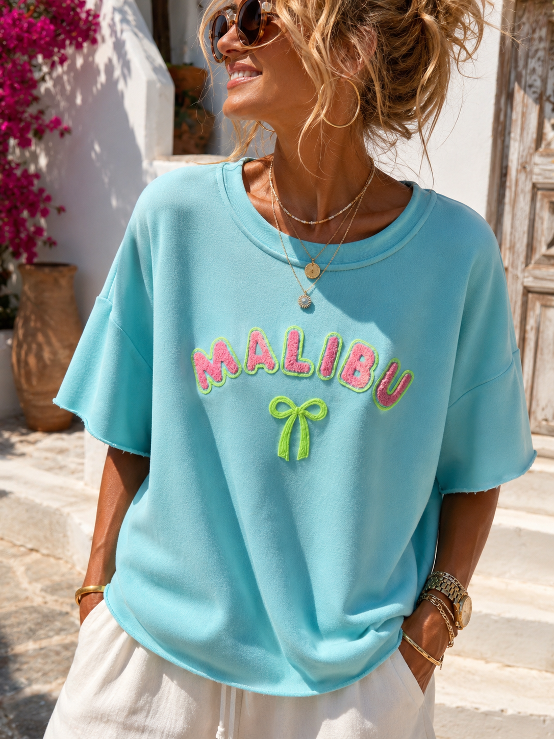 Damen Malibu Sweatshirt Türkis – Kurzarm Baumwollshirt mit Neon Print | Sommer Shirt 38–42 🌴💙☀️