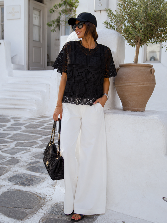 Elegant Black Lace Blouse Women with Stand-up Collar – Lined Front – Transparent Lace Back | S/M