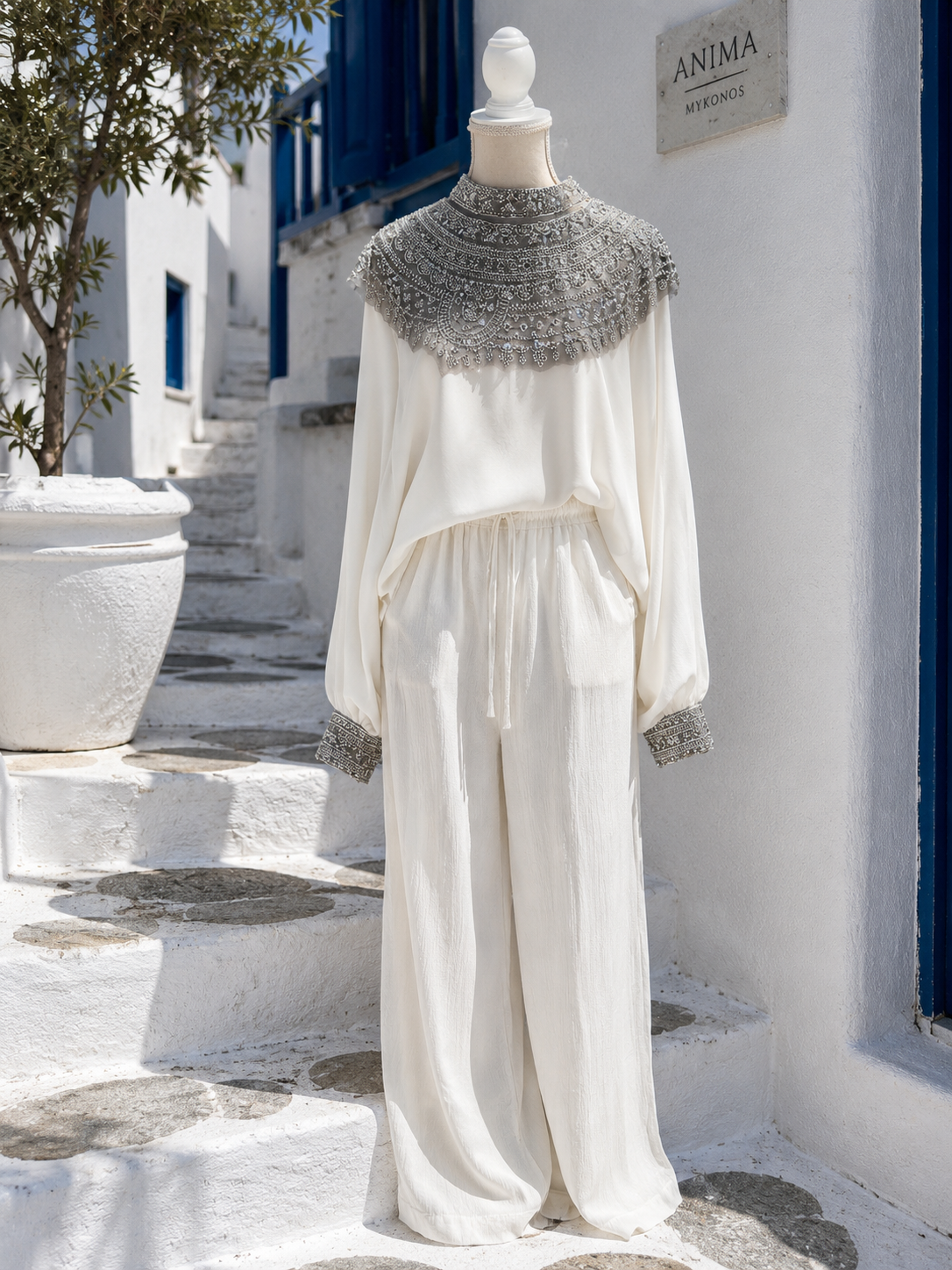 ✨ Rose Couture Glamour Blouse – Batwing Sleeves & Sparkling Jewel Appliqués