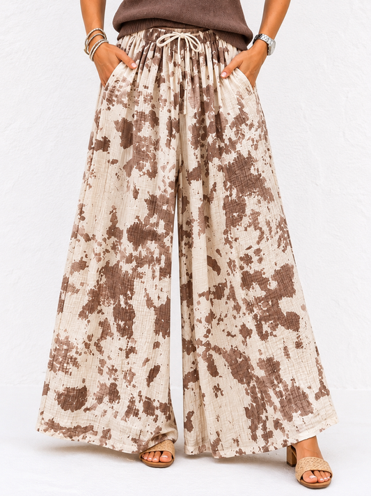 Damen Palazzo-Hose Beige Taupe gemustert – Oversize Größe 42–46 mit Gummibund und Seitentaschen