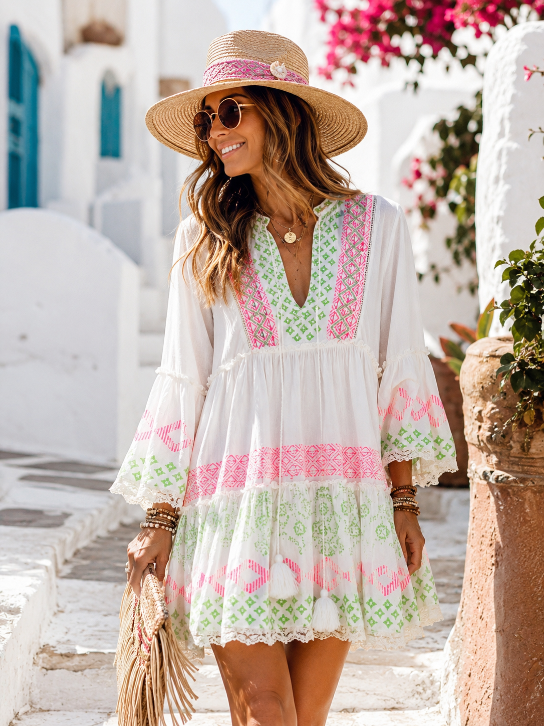 Boho Tunic Dress White – Midi Dress with Embroidery & Sequins | Women's Summer Dress (36–40)