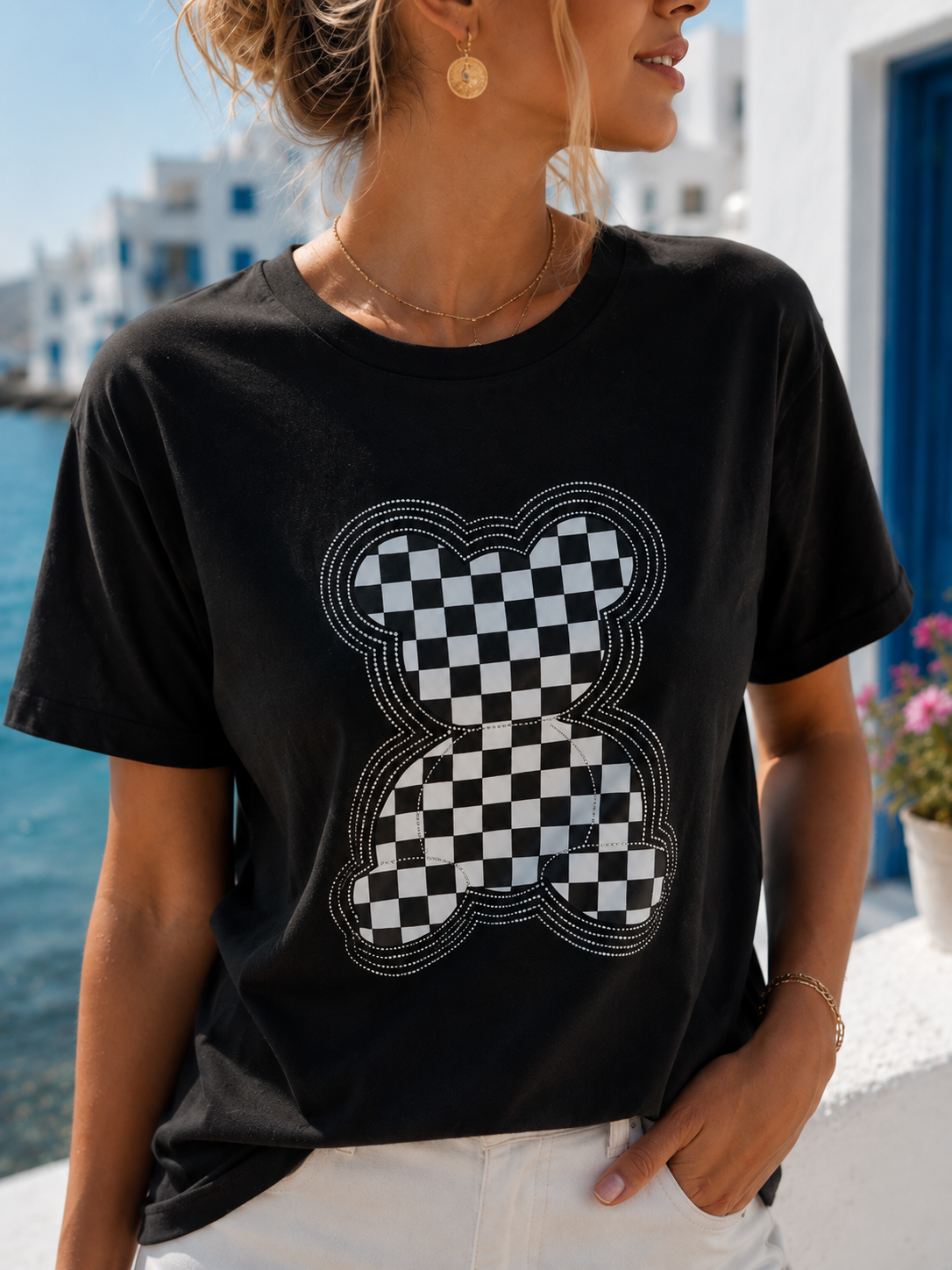 Schwarzes Damen T-Shirt mit Teddy Print & Strasssteinen – Baumwollshirt 38–42