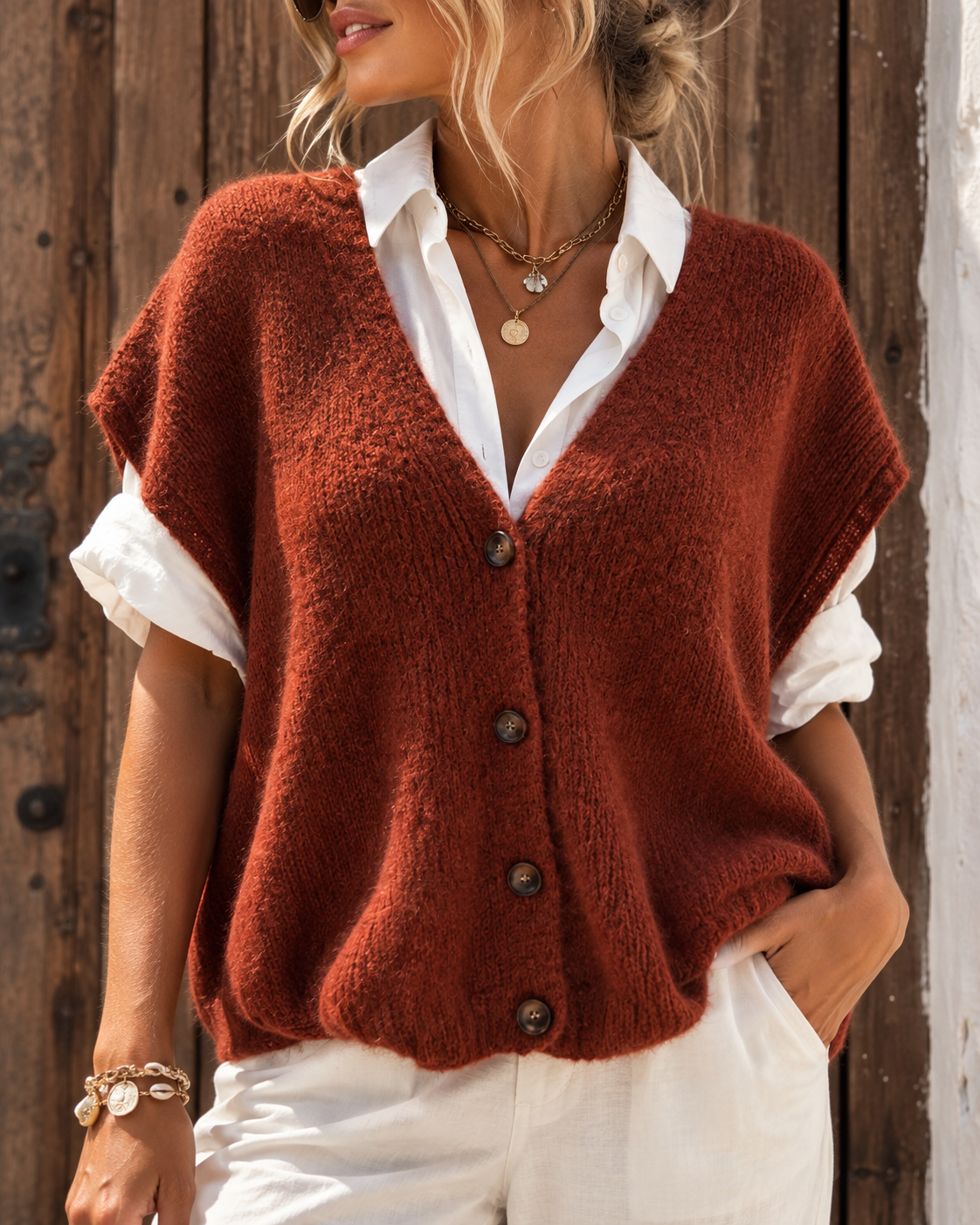 Damen Oversize Kurzarm Pullover mit Knöpfen – Strickweste Rost – Gr. 38–44