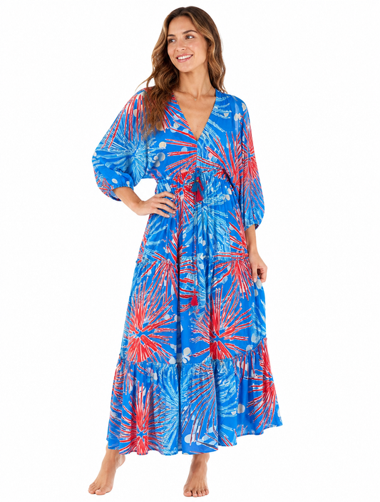 Seiden Maxikleid Damen Blau-Rot – Boho Sommerkleid mit V-Ausschnitt & Schnürung (38–42)