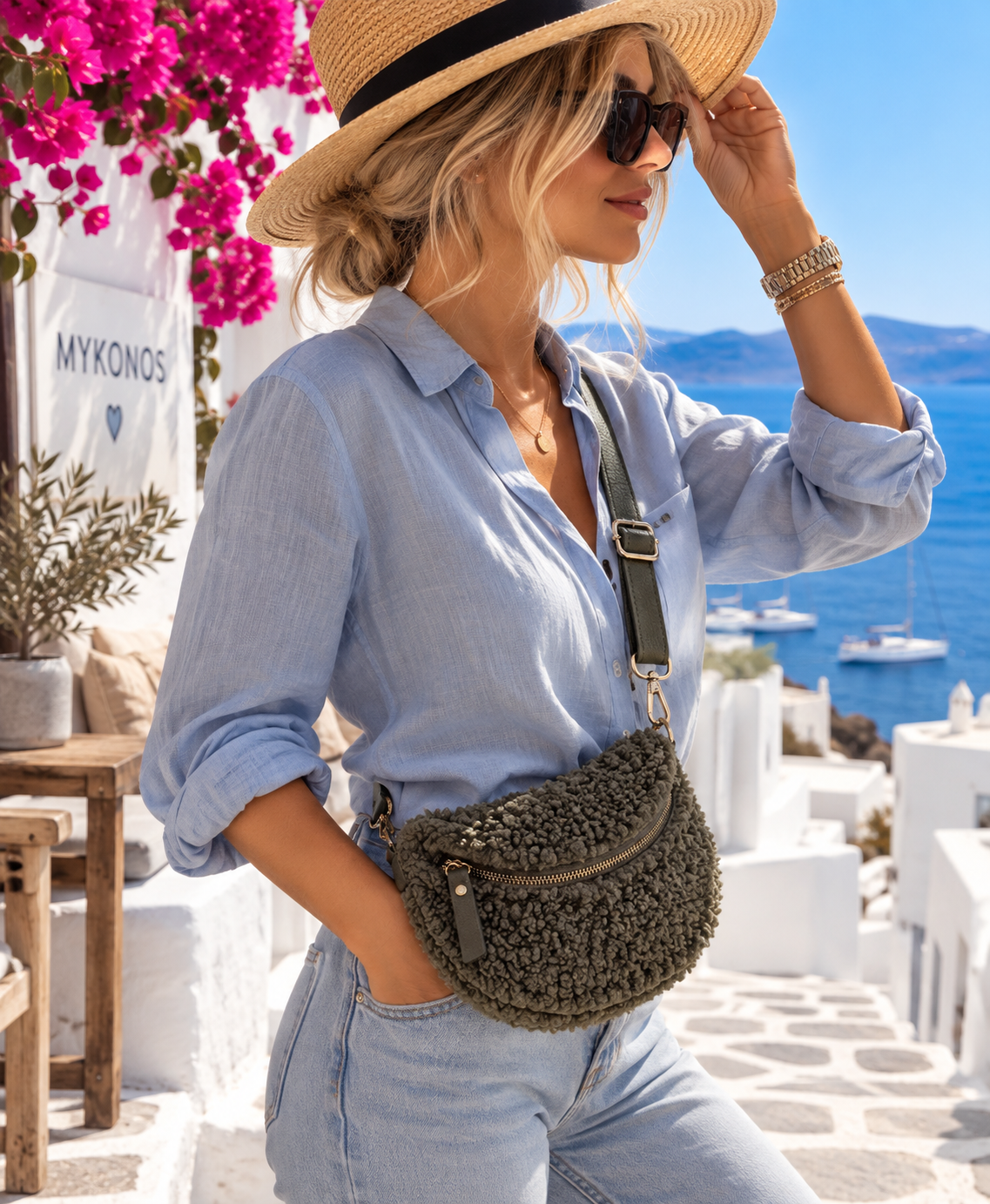 Damen Teddyfell Tasche Grün – Crossbody Bag mit Reißverschluss & Echtleder-Riemen