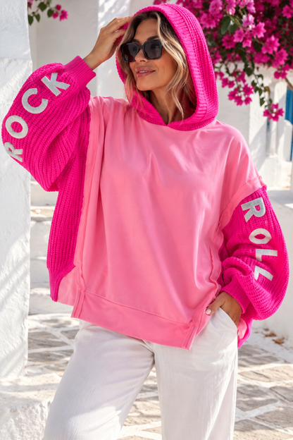 Damen Oversize Sweatshirt mit Strickkapuze und Rock'n'Roll Schriftzug – Pink Gr 38-44