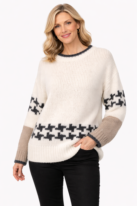 Yippie Hippie Damen Strickpullover Norweger Muster – Alpaka Strickpullover Weiss
