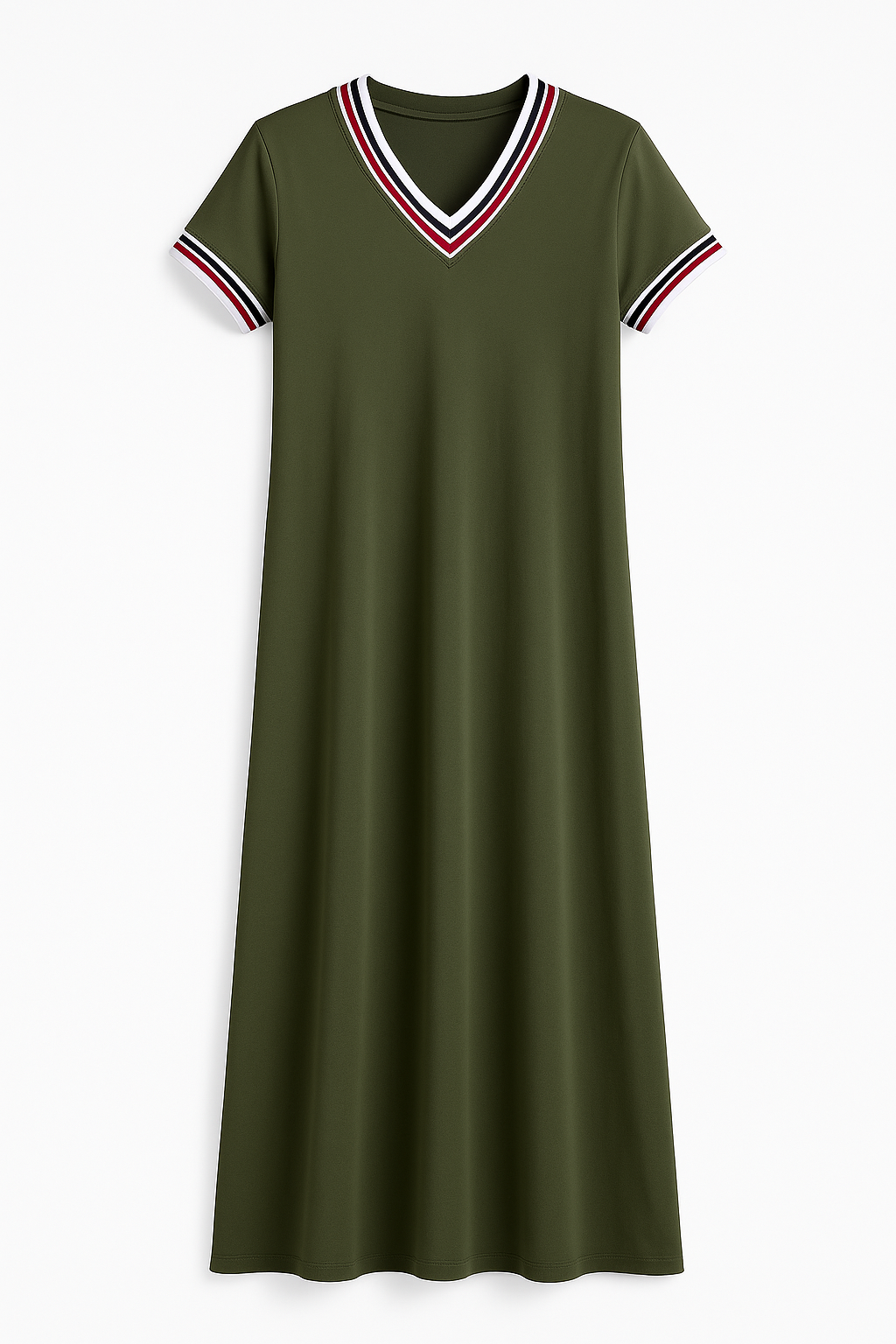 Maxikleid mit V-Ausschnitt & Streifendetail – Oliv | Made in Italy