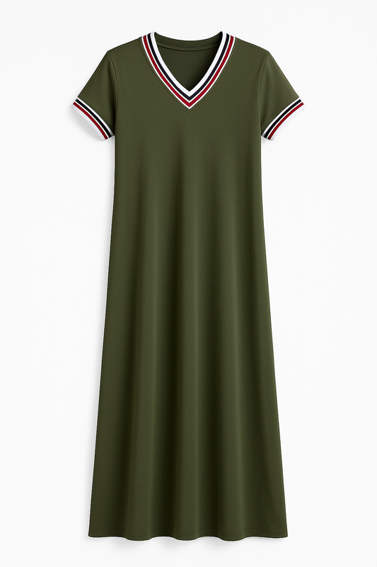 Maxikleid mit V-Ausschnitt & Streifendetail – Oliv | Made in Italy