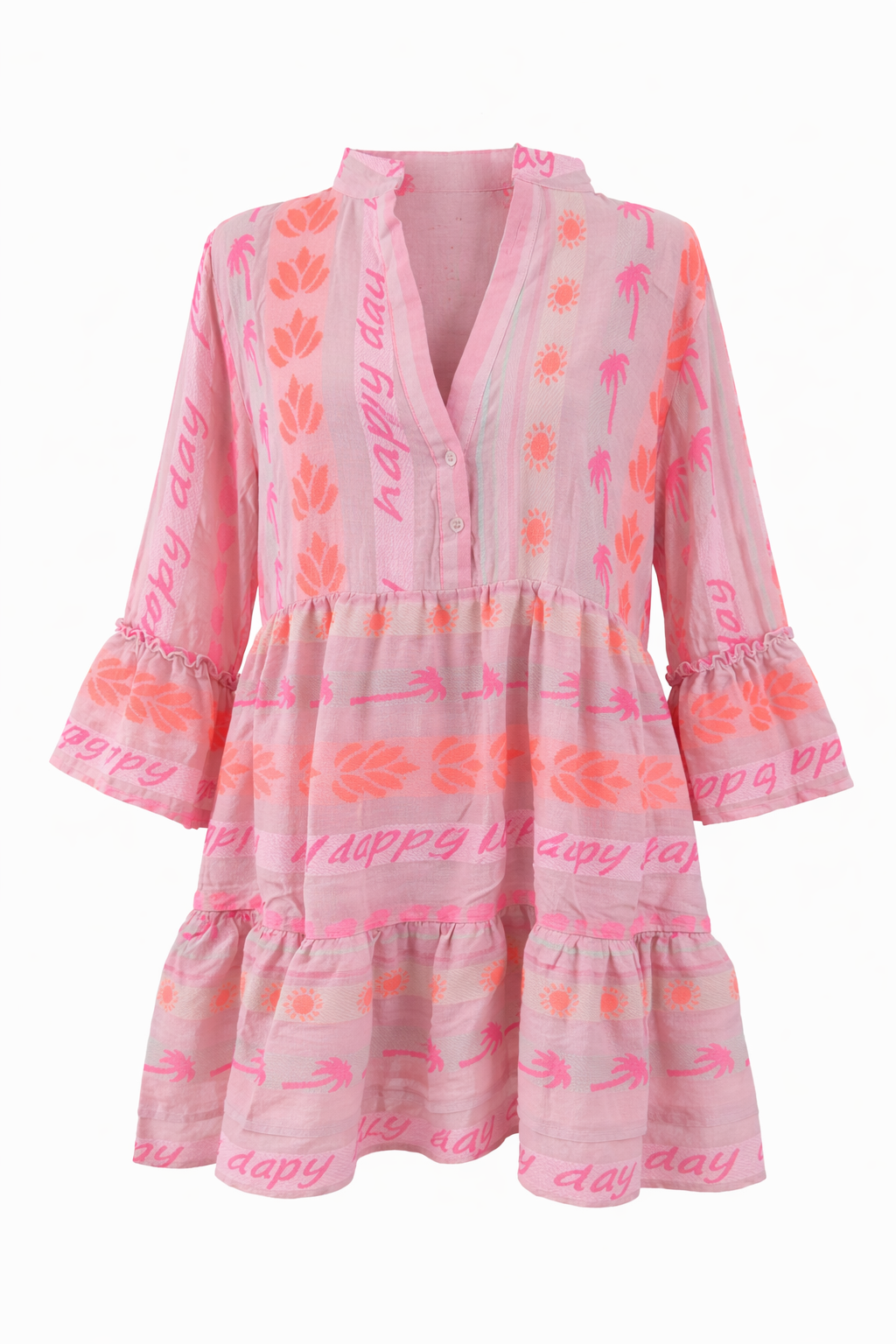 Boho Sommerkleid Damen Pink „Happy Day“ – Viskose Kleid mit 3/4-Ärmeln (Gr. 38-42)