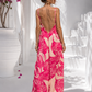 Women's Pink and White Summer Dress - Maxi Dress with Leaf Print & Cut-Out Back (Sizes 38–42) Cotton Boho Dress