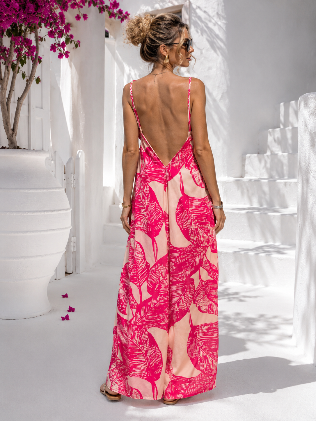 Women's Pink and White Summer Dress - Maxi Dress with Leaf Print & Cut-Out Back (Sizes 38–42) Cotton Boho Dress