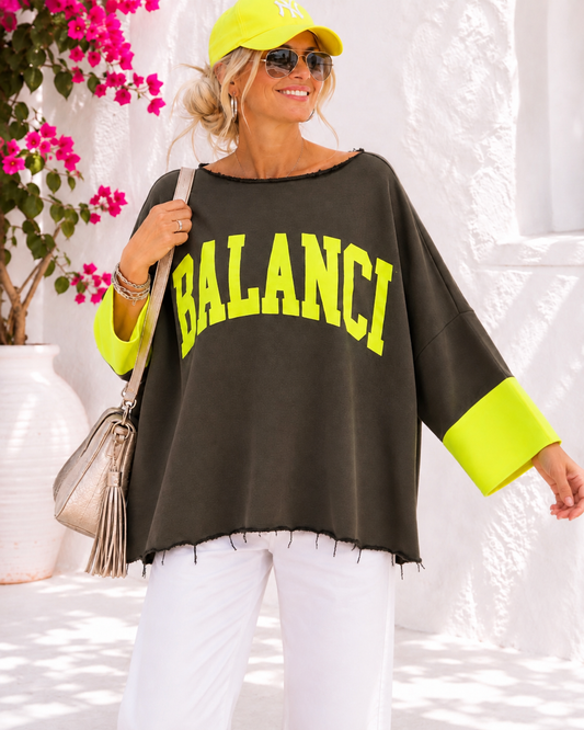 Damen Oversize-Pullover BALANCE Schokolade/Neonpink oder Oliv/Neongelb – Baumwollmix, Größe 42–46