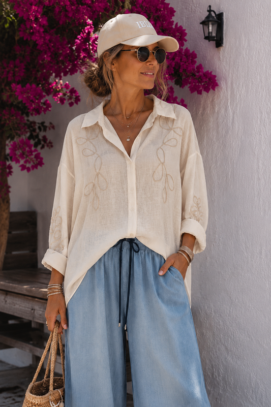 ✨ Luxus Leinen-Seidenbluse „Ibiza Elegance“ – Edle Stickerei in Sand | Oversize 38–44