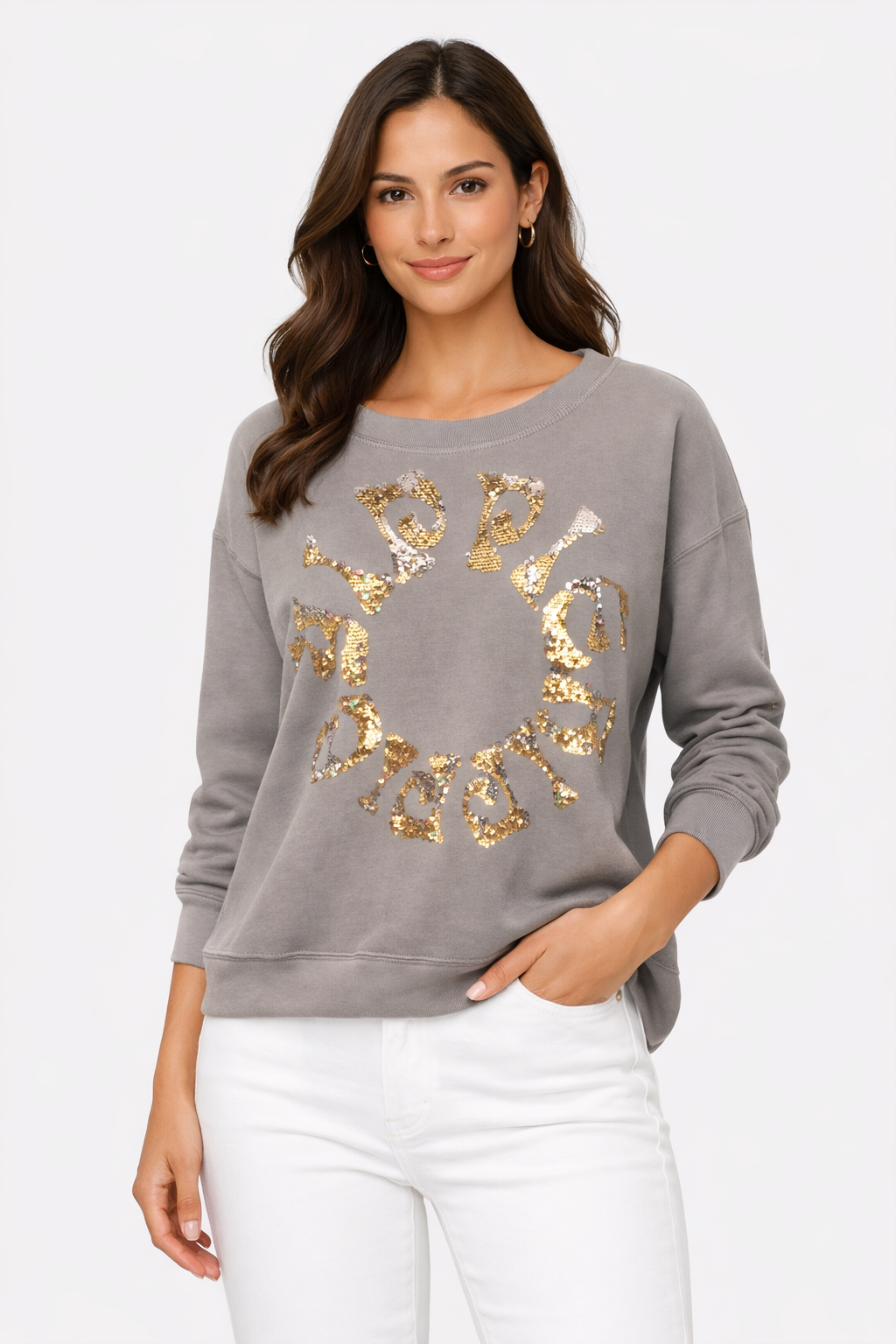 Yippie Hippie Sweatshirt Grau mit Pailletten – Designer Pullover mit Glamour-Detail