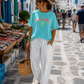 Damen Malibu Sweatshirt Türkis – Kurzarm Baumwollshirt mit Neon Print | Sommer Shirt 38–42 🌴💙☀️