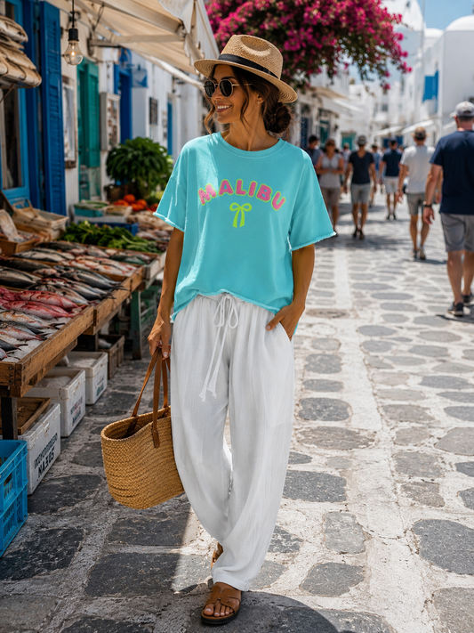 Damen Malibu Sweatshirt Türkis – Kurzarm Baumwollshirt mit Neon Print | Sommer Shirt 38–42 🌴💙☀️