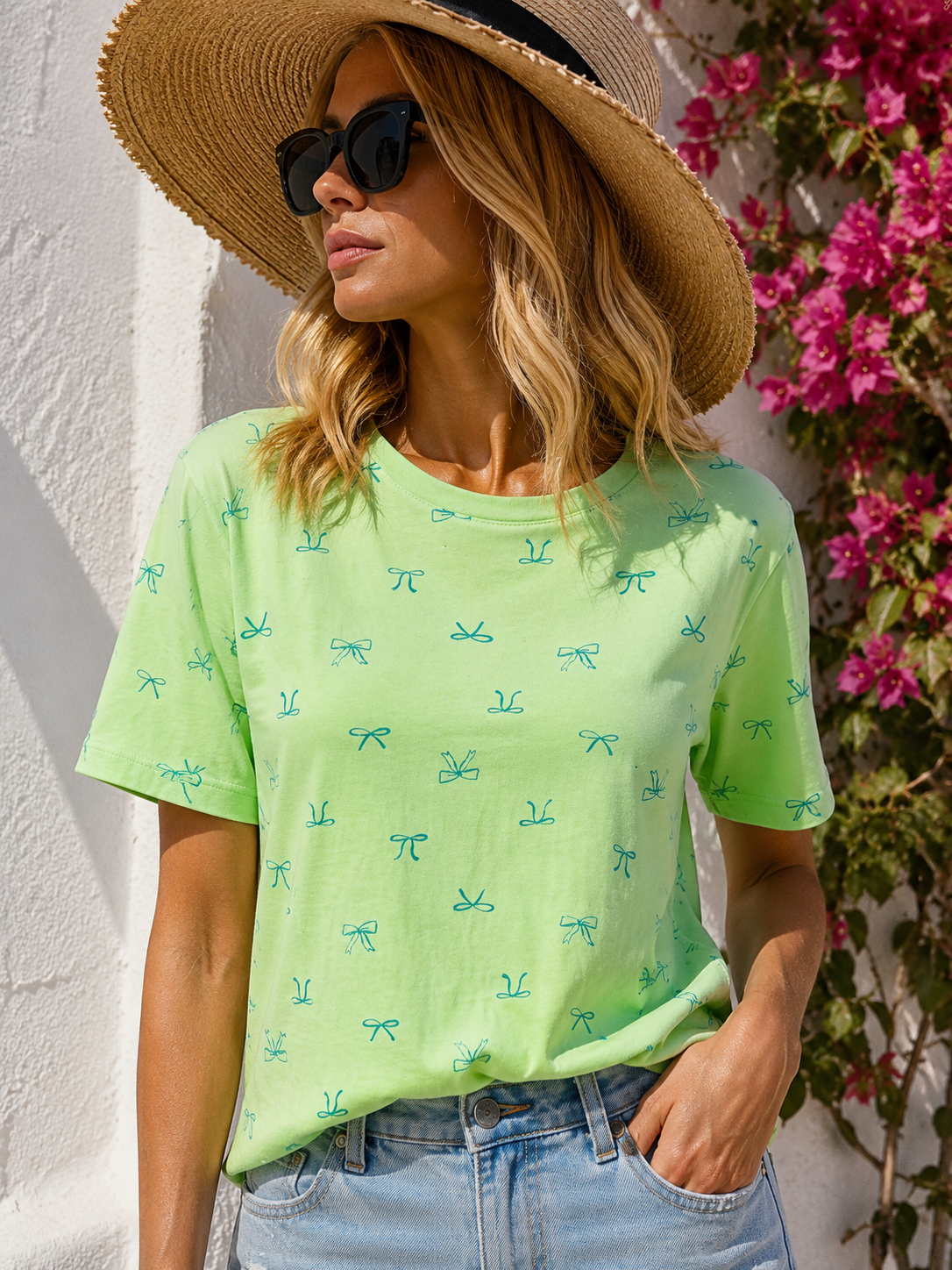 💚 Damen T-Shirt Grün mit Schleifen Print – Baumwoll Shirt Green Bow Love | 38–42 🎀