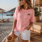 Damen Kurzarm Strickpullover Rosa – 100% Baumwolle, Croissant Motiv, Feinstrick, 36–40