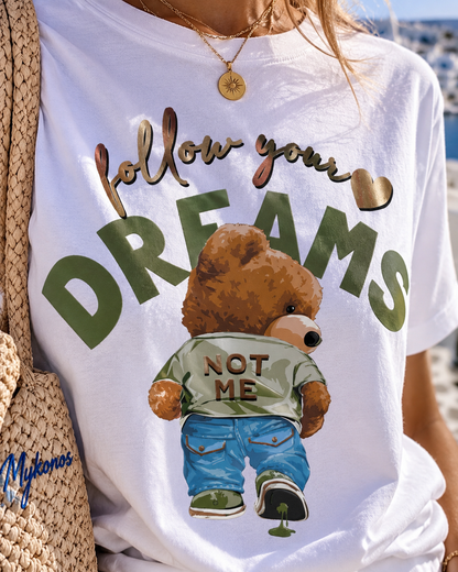 Women's T-Shirt in White, Cotton, Short Sleeve with Bear Motif in Green