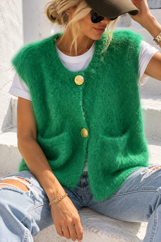 Damen Mohair Strickweste Grün – Flauschige Oversize Weste mit Knöpfen – Gr. 36–40