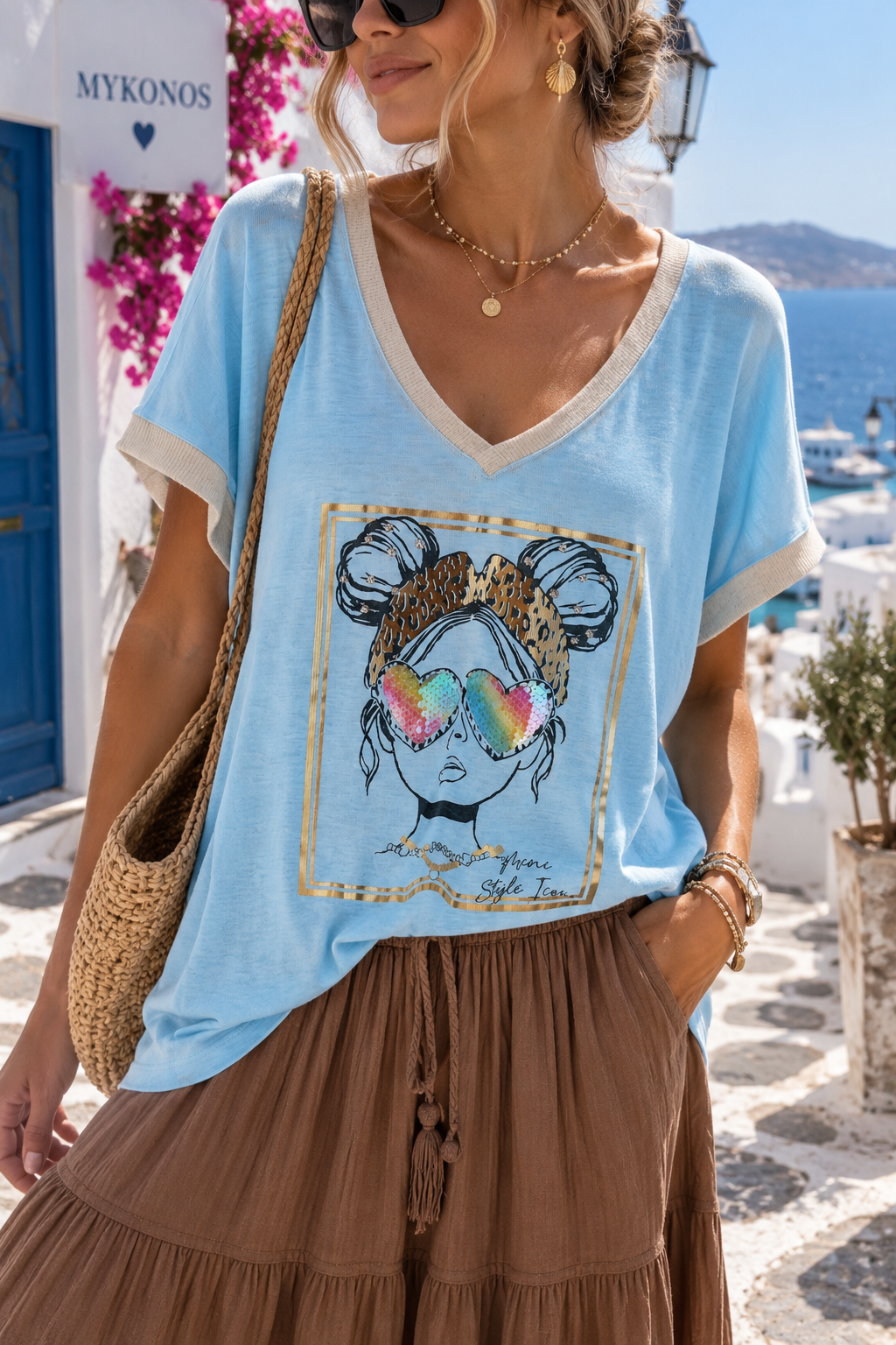Damen T-Shirt mit Print und Steinchen – Gesichtmotiv – Baumwolle (38–42)