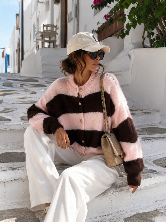 Cardigan „Cocoa Dream“ – Kuschelige Oversize Strickjacke in Rosa & Schokobraun (38–44)