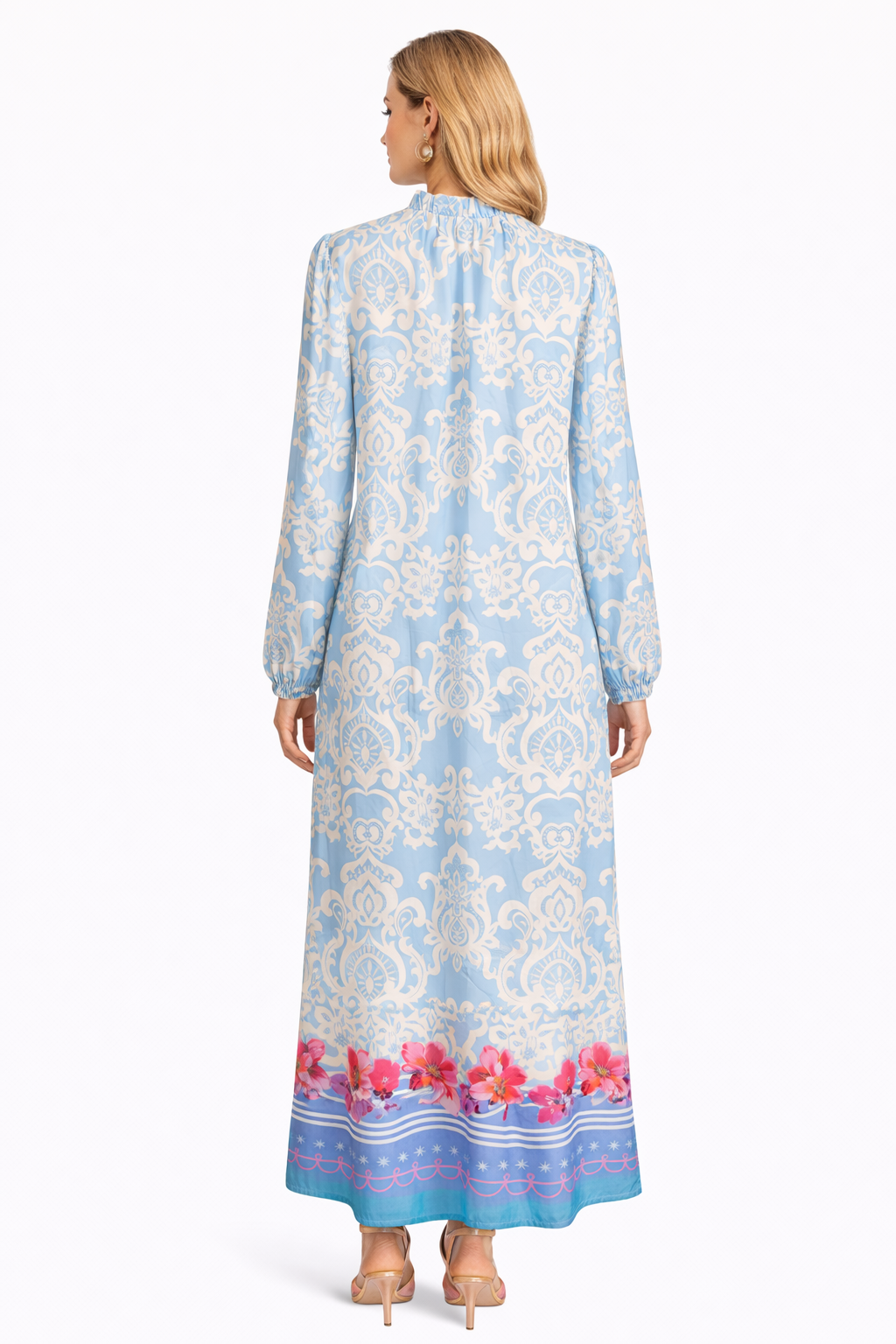 Yippie Hippie Damen Maxikleid Blau Creme – Sommerkleid mit Blumenprint