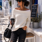 🤍 Damen Strickpullover Mykonos Style Weiß – Off-Shoulder & Wasserfall-Rollkragen (38–42)