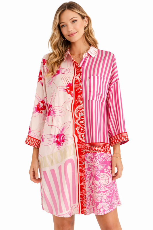 Yippie Hippie Hemdblusenkleid Damen Pink-Rot – Boho Sommerkleid aus Viskose mit Print