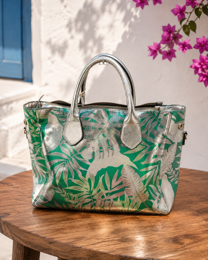 Damen Shopper Tasche Metallic Silber Grün – Handtasche mit Reißverschluss & Crossover mittelgroß
