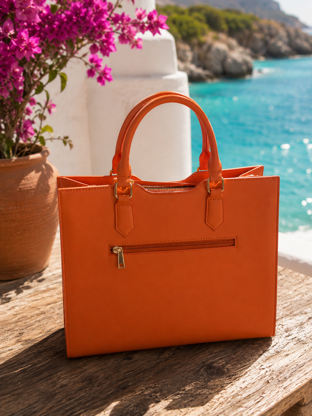 Statement Shopper Damen Orange – Canvas & Lederoptik Handtasche | 30x27 cm