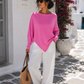 Asymmetrischer Feinstrickpullover mit Wasserfall-Ausschnitt – Lila & Rosé 34-38
